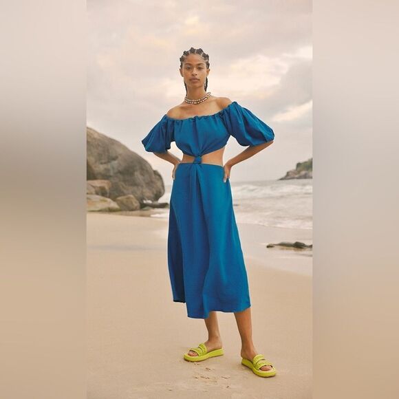 Farm Rio  Blue Tie Knot Midi Dress Small - Picture 1 of 10